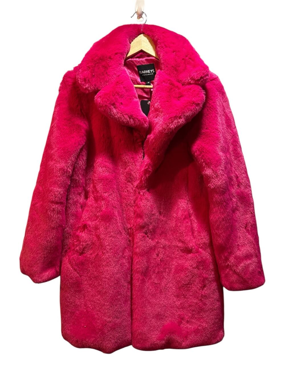 Barney’s Originals hot pink faux fur coat. Women’s small to medium, silky lining